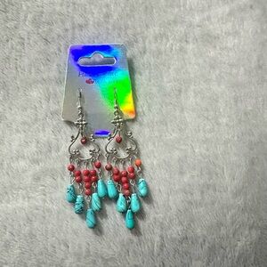 Handmade Turquoise & Red Beaded Dangle Earrings